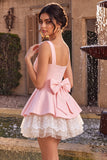 Pink A-Line Ruffled Square Neck Tiered Short Cocktail Dress with Bow