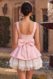 Pink A-Line Ruffled Square Neck Tiered Short Cocktail Dress with Bow