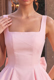 Pink A-Line Ruffled Square Neck Tiered Short Cocktail Dress with Bow