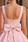 Pink A-Line Ruffled Square Neck Tiered Short Cocktail Dress with Bow