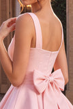 Pink A-Line Ruffled Square Neck Tiered Short Cocktail Dress with Bow