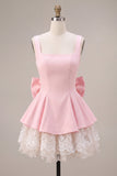 Pink A-Line Ruffled Square Neck Tiered Short Cocktail Dress with Bow
