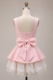 Pink A-Line Ruffled Square Neck Tiered Short Cocktail Dress with Bow