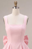 Pink A-Line Ruffled Square Neck Tiered Short Cocktail Dress with Bow