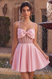 Pink A-Line Ruffled Sheer Corset Beaded Short Cocktail Dress with Bow