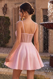 Pink A-Line Ruffled Sheer Corset Beaded Short Cocktail Dress with Bow