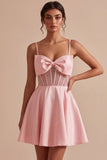 Pink A-Line Ruffled Sheer Corset Beaded Short Cocktail Dress with Bow