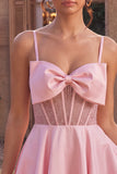 Pink A-Line Ruffled Sheer Corset Beaded Short Cocktail Dress with Bow