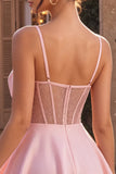Pink A-Line Ruffled Sheer Corset Beaded Short Cocktail Dress with Bow