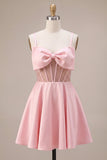 Pink A-Line Ruffled Sheer Corset Beaded Short Cocktail Dress with Bow