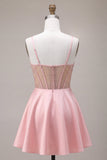 Pink A-Line Ruffled Sheer Corset Beaded Short Cocktail Dress with Bow