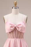 Pink A-Line Ruffled Sheer Corset Beaded Short Cocktail Dress with Bow