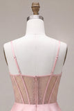 Pink A-Line Ruffled Sheer Corset Beaded Short Cocktail Dress with Bow