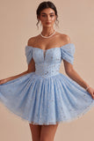 Off the Shoulder Blue A-Line Ruffled Corset Beaded Short Cocktail Dress