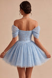 Off the Shoulder Blue A-Line Ruffled Corset Beaded Short Cocktail Dress