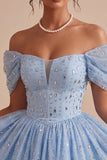 Off the Shoulder Blue A-Line Ruffled Corset Beaded Short Cocktail Dress
