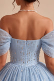 Off the Shoulder Blue A-Line Ruffled Corset Beaded Short Cocktail Dress