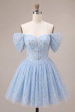 Off the Shoulder Blue A-Line Ruffled Corset Beaded Short Cocktail Dress