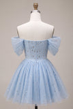 Off the Shoulder Blue A-Line Ruffled Corset Beaded Short Cocktail Dress