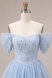 Off the Shoulder Blue A-Line Ruffled Corset Beaded Short Cocktail Dress