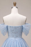 Off the Shoulder Blue A-Line Ruffled Corset Beaded Short Cocktail Dress