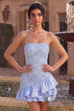 Blue Bodycon Tiered Ruffled Spaghetti Straps Short Cocktail Dress