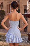 Blue Bodycon Tiered Ruffled Spaghetti Straps Short Cocktail Dress
