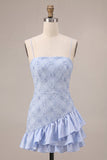 Blue Bodycon Tiered Ruffled Spaghetti Straps Short Cocktail Dress