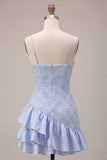 Blue Bodycon Tiered Ruffled Spaghetti Straps Short Cocktail Dress
