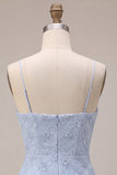 Blue Bodycon Tiered Ruffled Spaghetti Straps Short Cocktail Dress