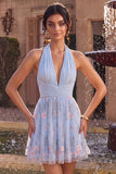 Halter Neck Blue A-Line Ruffled Ruched Floral Short Cocktail Dress