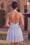 Halter Neck Blue A-Line Ruffled Ruched Floral Short Cocktail Dress
