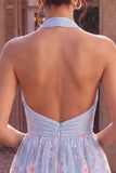 Halter Neck Blue A-Line Ruffled Ruched Floral Short Cocktail Dress