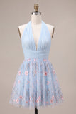 Halter Neck Blue A-Line Ruffled Ruched Floral Short Cocktail Dress