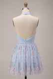 Halter Neck Blue A-Line Ruffled Ruched Floral Short Cocktail Dress