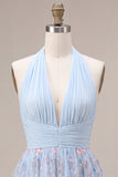 Halter Neck Blue A-Line Ruffled Ruched Floral Short Cocktail Dress