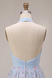 Halter Neck Blue A-Line Ruffled Ruched Floral Short Cocktail Dress