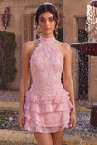 Pink Halter Neck Bodycon Tiered Ruffled Floral Pearls Short Cocktail Dress