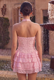 Pink Halter Neck Bodycon Tiered Ruffled Floral Pearls Short Cocktail Dress