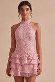 Pink Halter Neck Bodycon Tiered Ruffled Floral Pearls Short Cocktail Dress