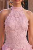 Pink Halter Neck Bodycon Tiered Ruffled Floral Pearls Short Cocktail Dress