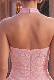 Pink Halter Neck Bodycon Tiered Ruffled Floral Pearls Short Cocktail Dress