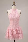 Pink Halter Neck Bodycon Tiered Ruffled Floral Pearls Short Cocktail Dress
