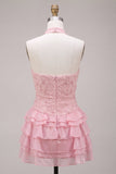 Pink Halter Neck Bodycon Tiered Ruffled Floral Pearls Short Cocktail Dress