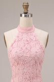 Pink Halter Neck Bodycon Tiered Ruffled Floral Pearls Short Cocktail Dress