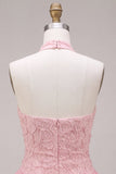 Pink Halter Neck Bodycon Tiered Ruffled Floral Pearls Short Cocktail Dress