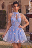 A-Line Blue Halter Neck Ruffled Floral Corset Pearls Short Cocktail Dress