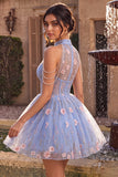 A-Line Blue Halter Neck Ruffled Floral Corset Pearls Short Cocktail Dress