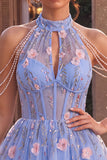 A-Line Blue Halter Neck Ruffled Floral Corset Pearls Short Cocktail Dress