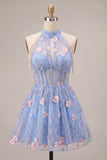 A-Line Blue Halter Neck Ruffled Floral Corset Pearls Short Cocktail Dress
